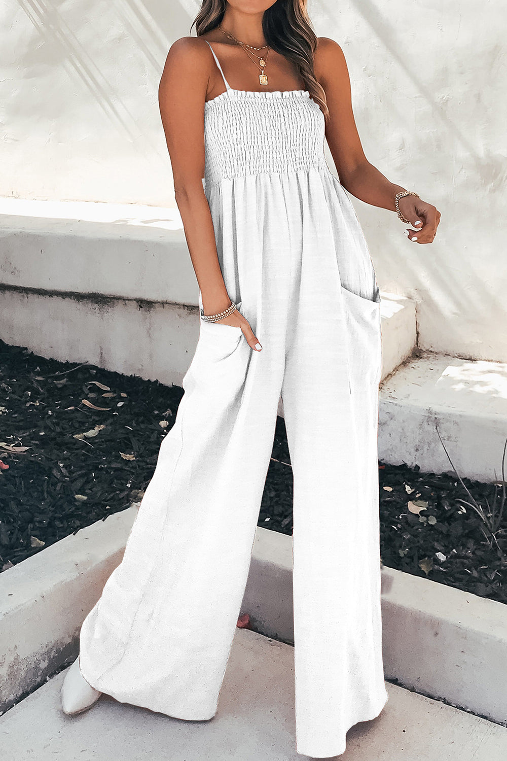 Smocked Spaghetti Strap Wide Leg Jumpsuit - The Daily Makeover