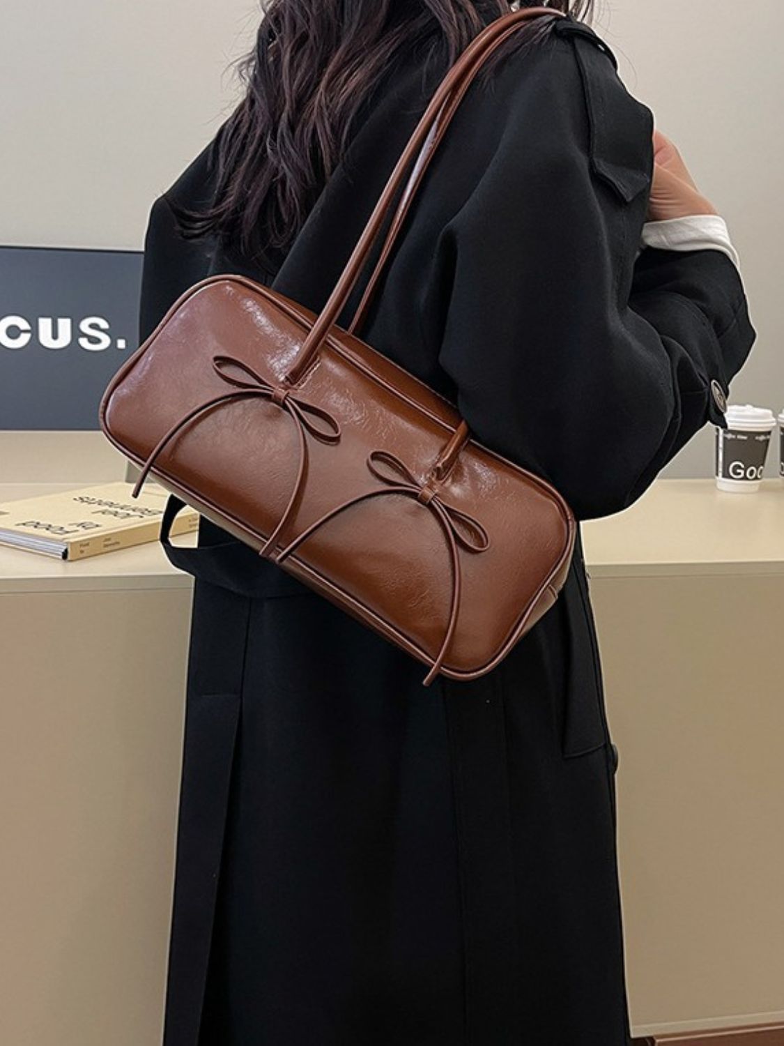 PU Leather Bow Trim Shoulder Bag - The Daily Makeover