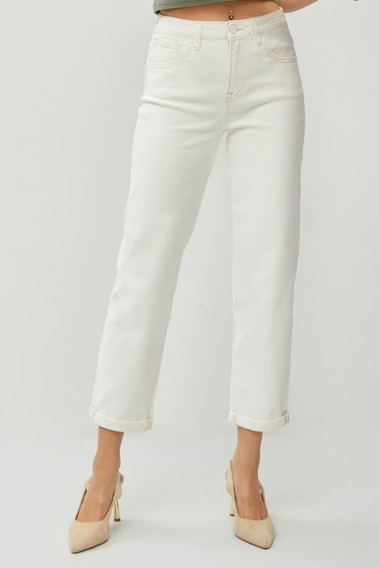 Full Size High Waist Rolled Hem Straight Jeans