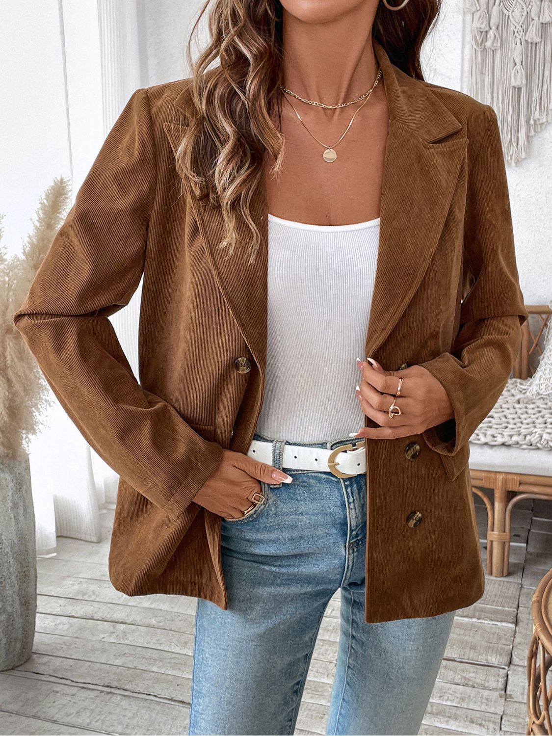 Perfee Decorative Pocket Flap Lapel Collar Long Sleeve Outerwear - The Daily Makeover