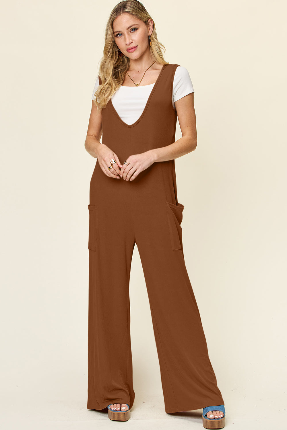 Double Take Full Size Sleeveless Wide Leg Jumpsuit with Pockets - The Daily Makeover