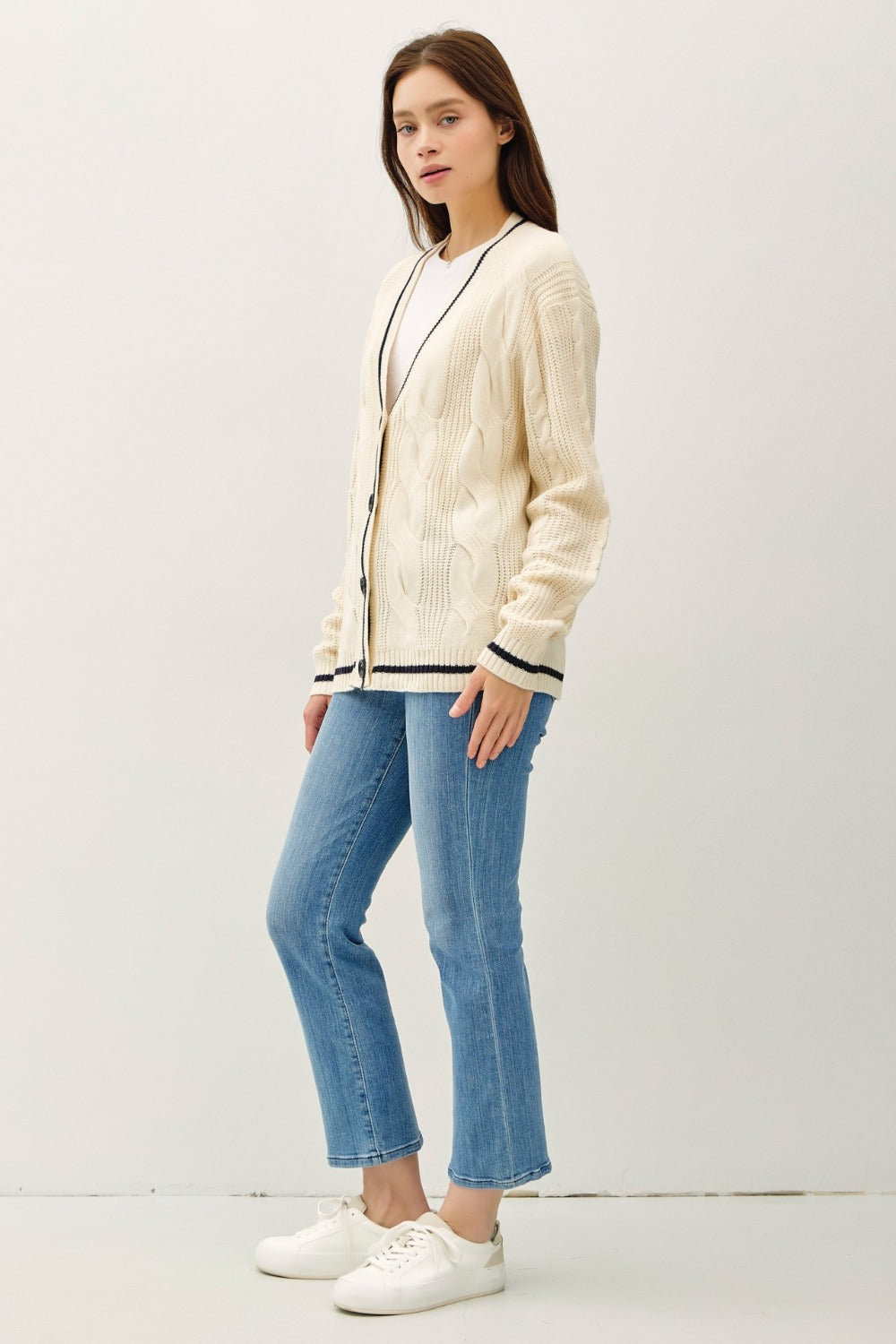 Be Cool Contrast Trim Cable-Knit V-Neck Cardigan - The Daily Makeover
