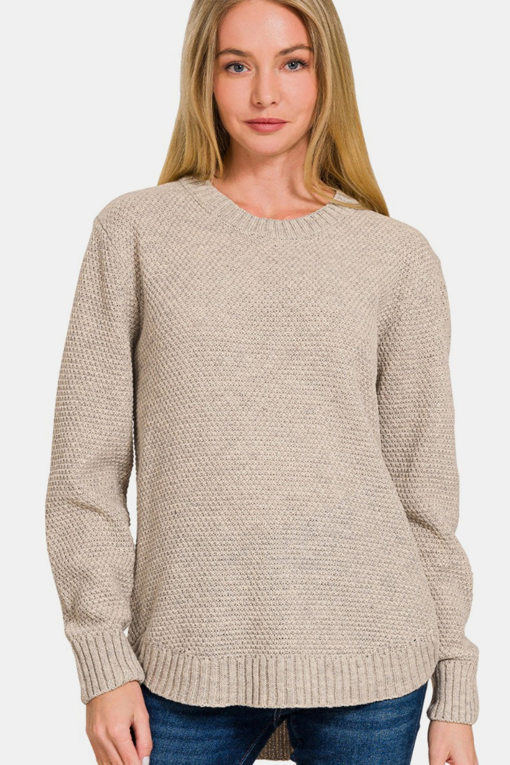 Zenana Ful Size Round Neck Long Sleeve Curved Hem Sweater - The Daily Makeover