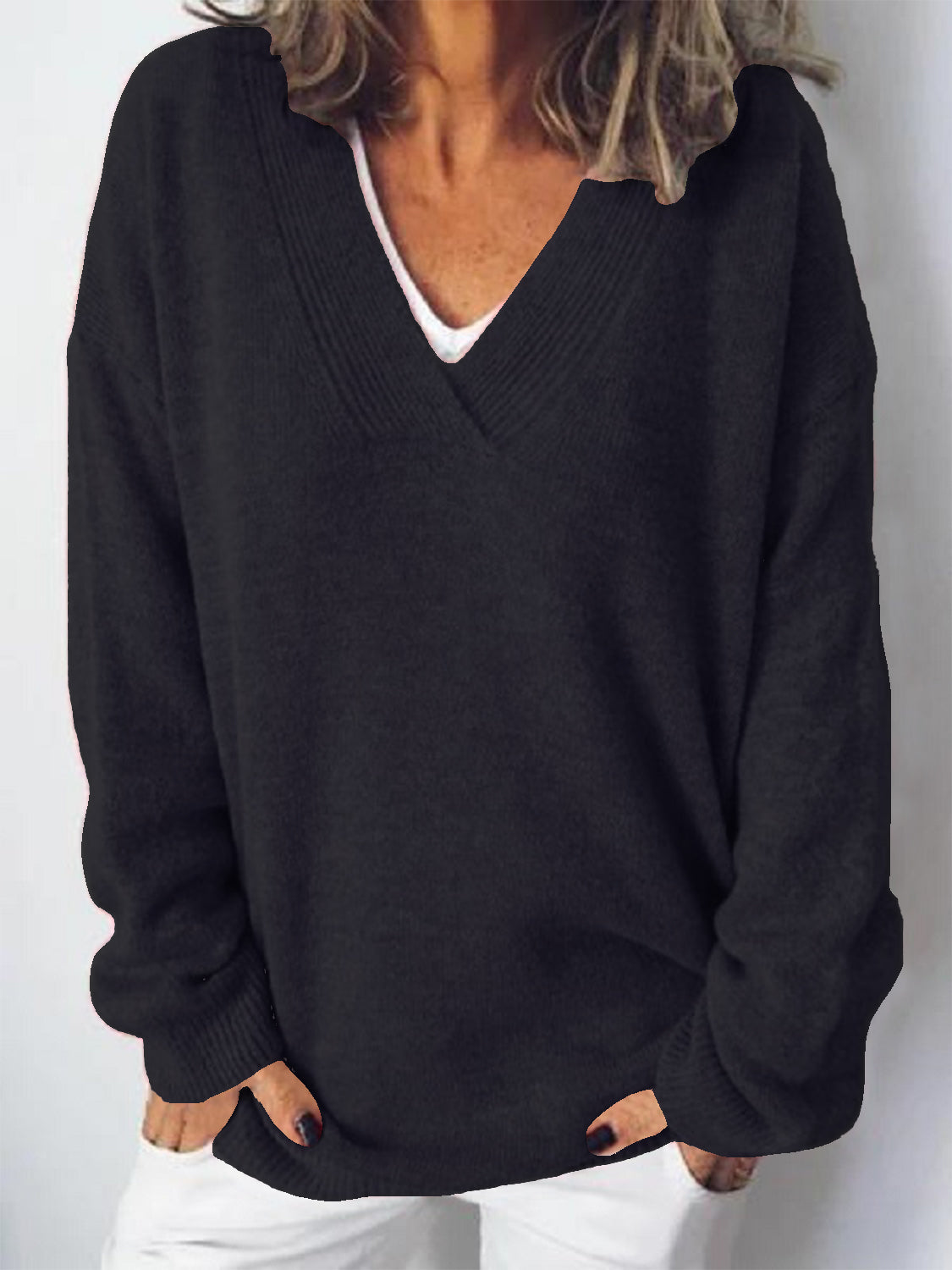 V-Neck Dropped Shoulder Sweater - The Daily Makeover