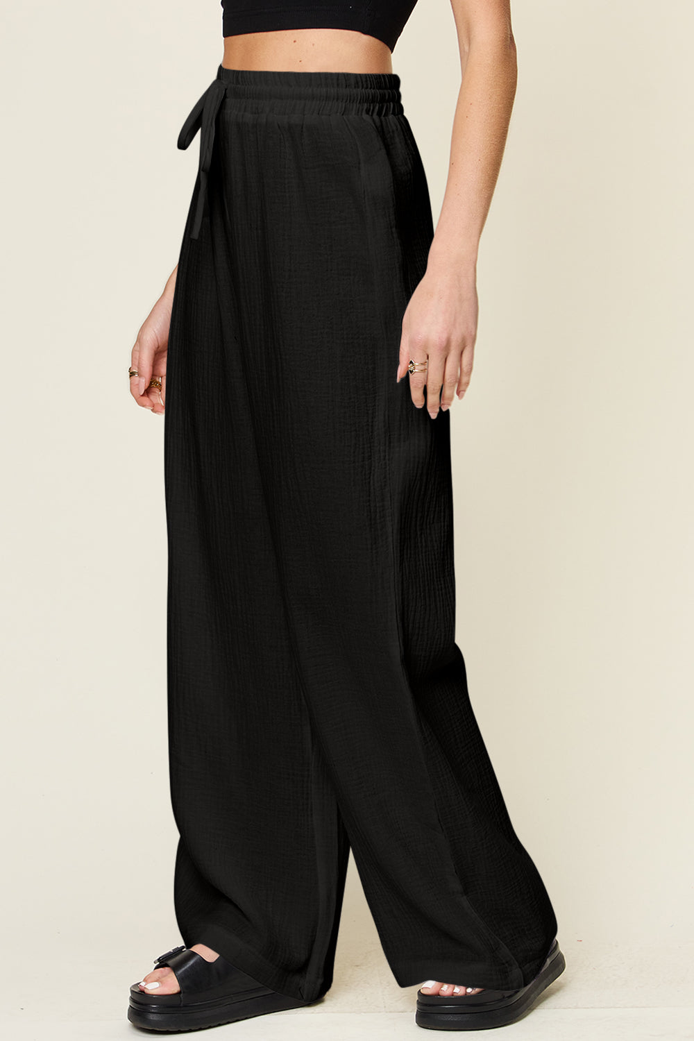 Double Take Full Size Texture Drawstring Wide Leg Pants - The Daily Makeover