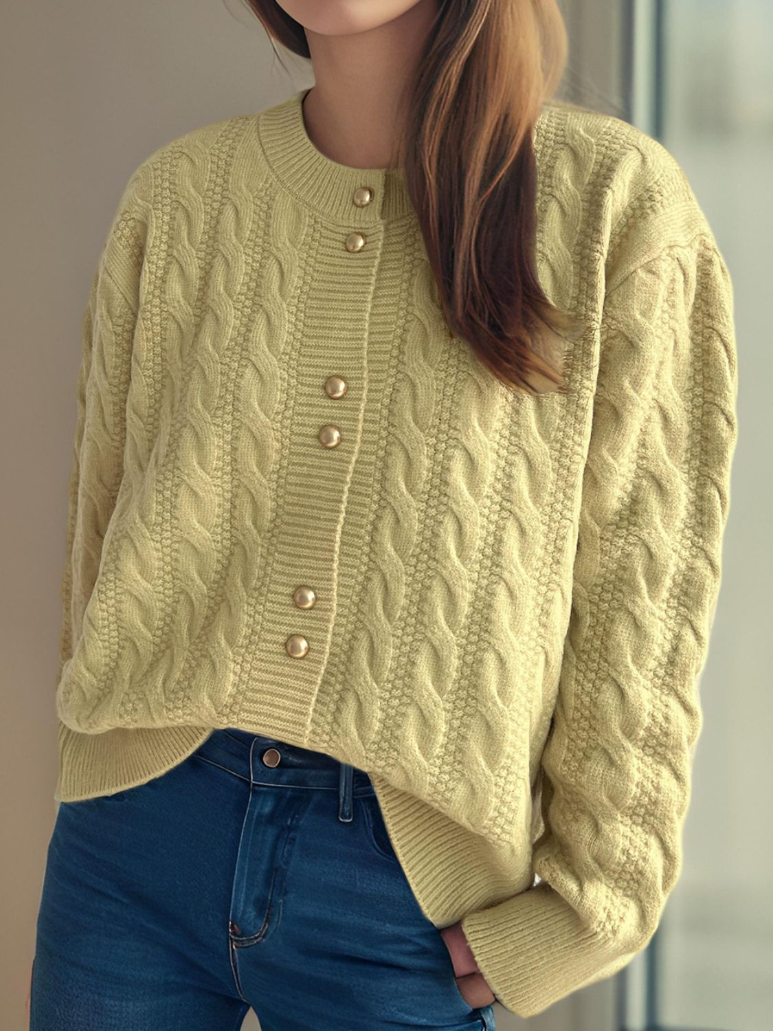 Cable-Knit Round Neck Long Sleeve Cardigan - The Daily Makeover
