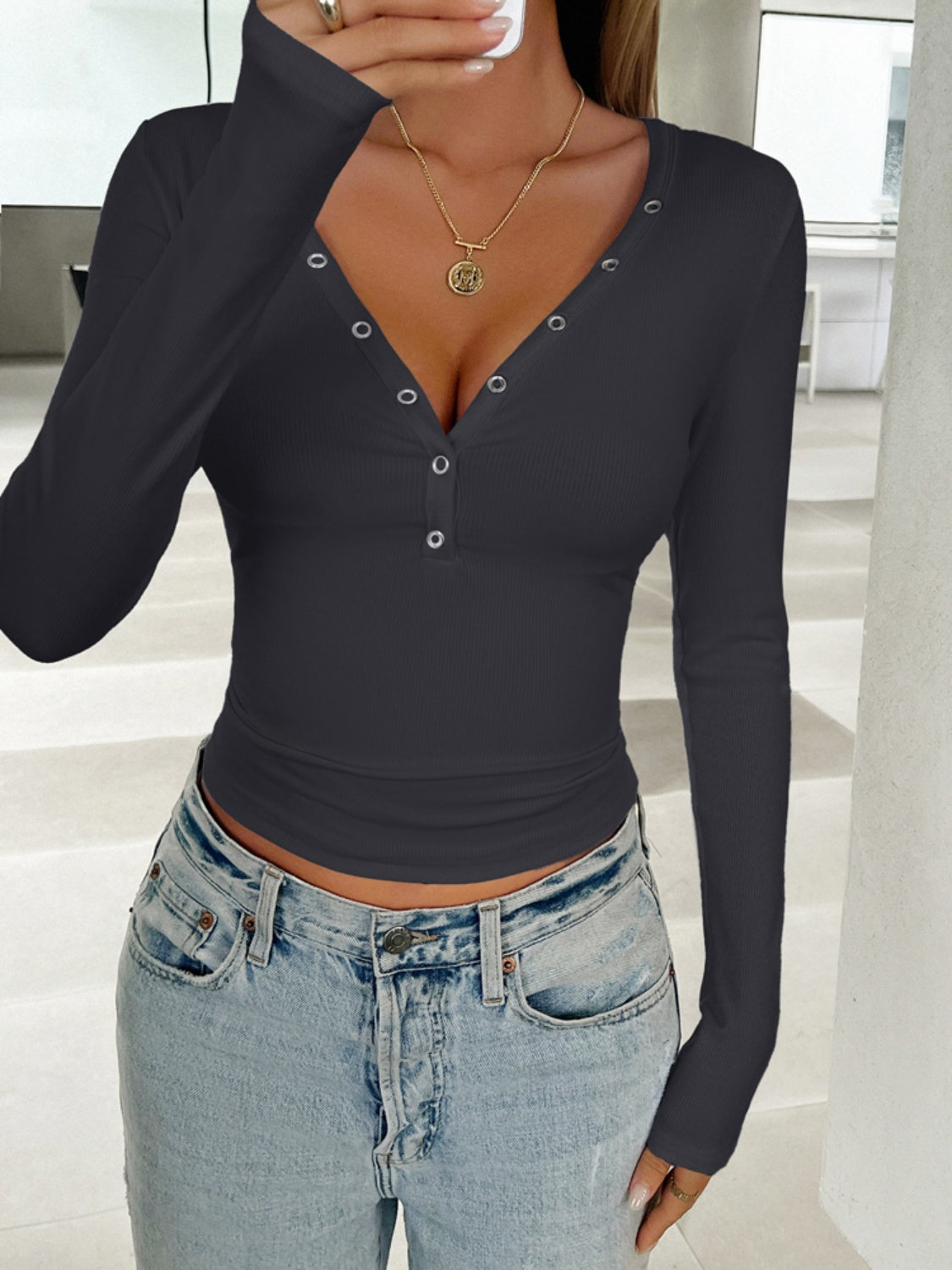 V-Neck Long Sleeve T-Shirt - The Daily Makeover