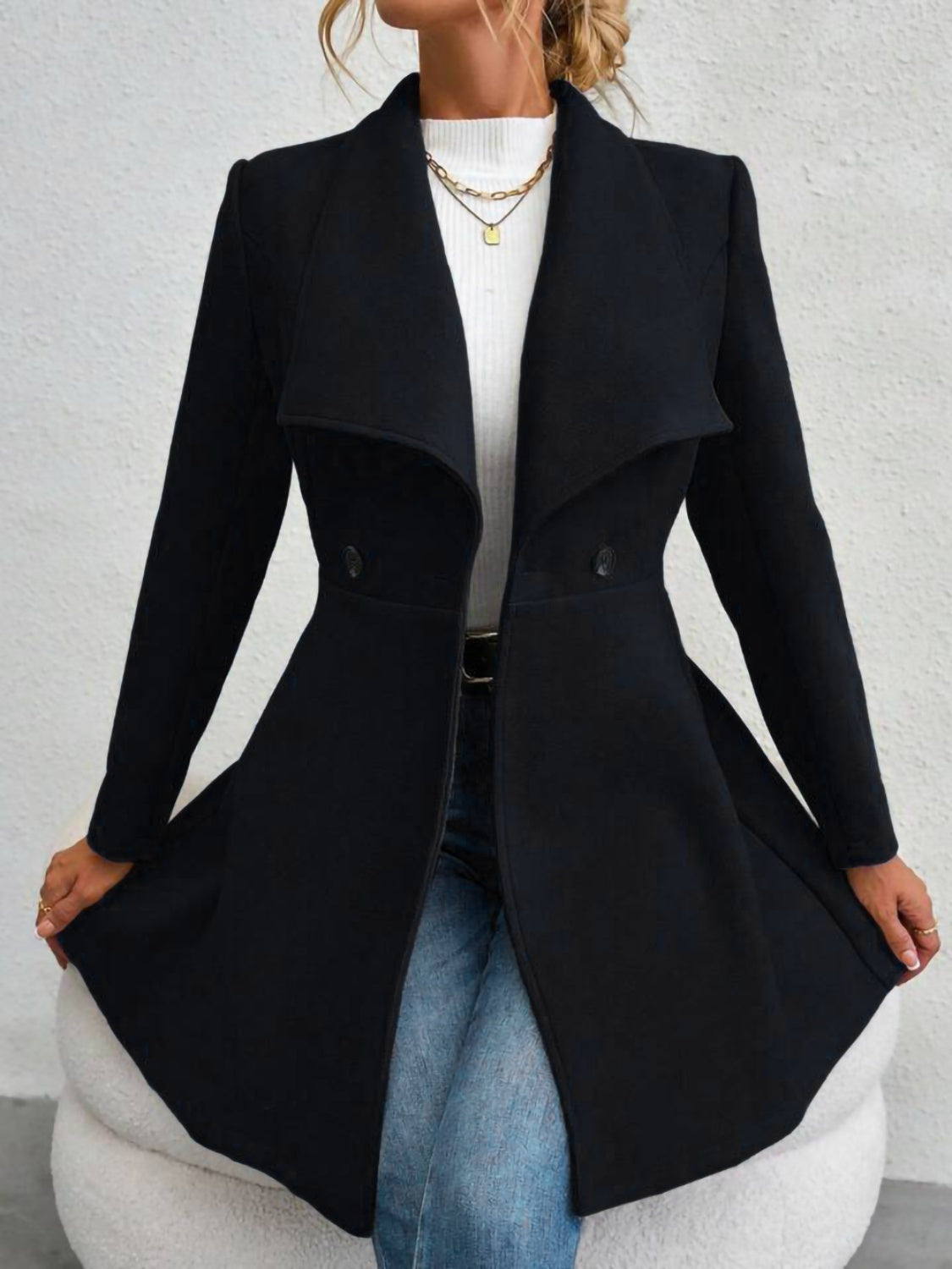 Collared Neck Button Up Long Sleeve Coat - The Daily Makeover