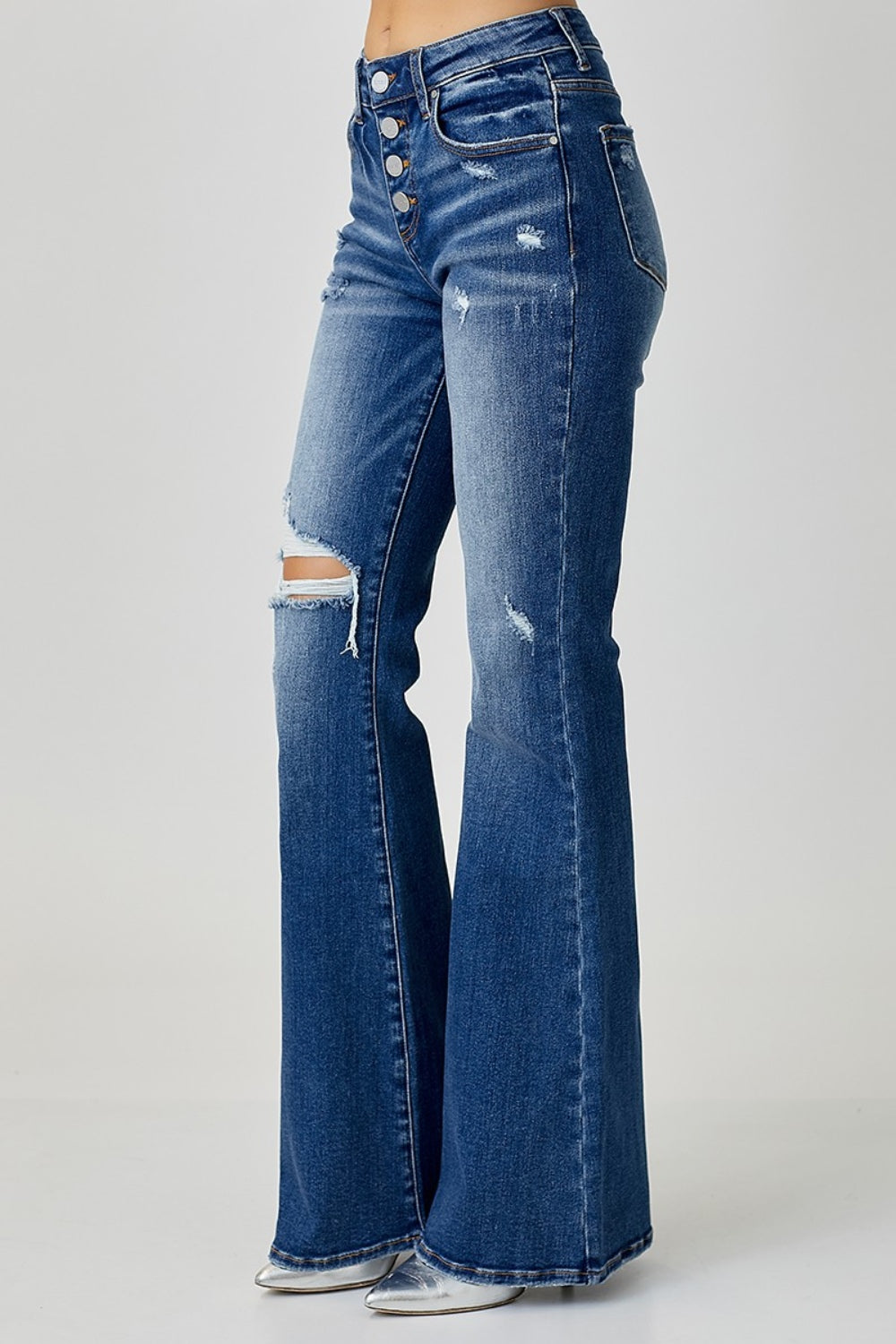 Distressed Button-Fly Flare Jeans - The Daily Makeover