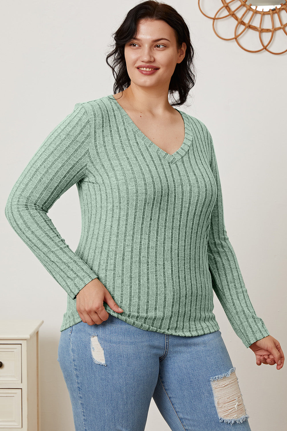 Full Size Ribbed V-Neck Long Sleeve T-Shirt - The Daily Makeover