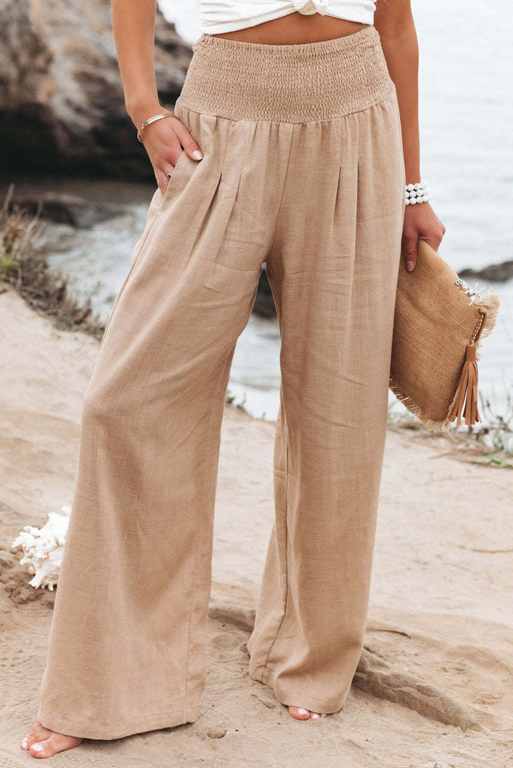 Khaki Smocked Wide Waistband High Waist Wide Leg Pants - The Daily Makeover