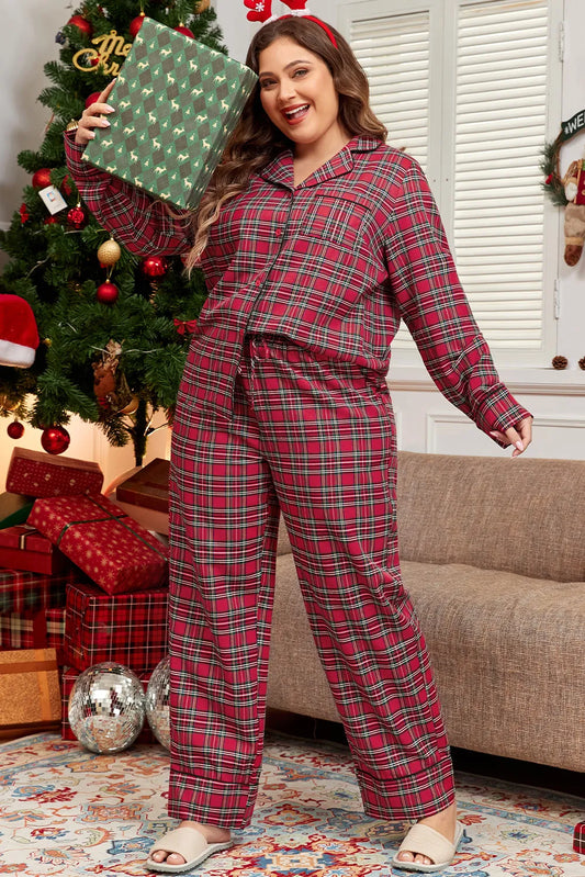 Plus Size Plaid Collared Neck Top and Pants Lounge Set - The Daily Makeover