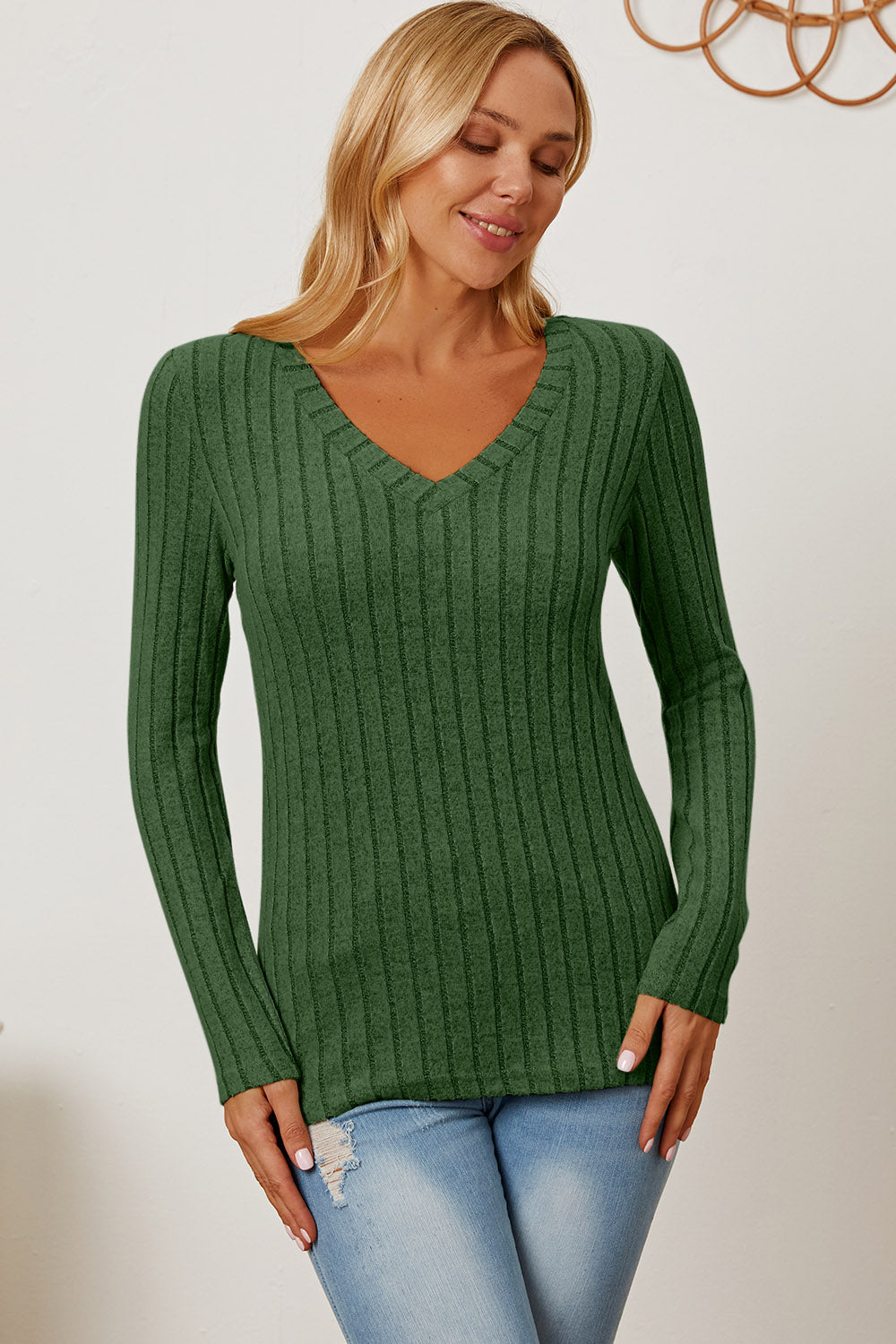 Full Size Ribbed V-Neck Long Sleeve T-Shirt - The Daily Makeover