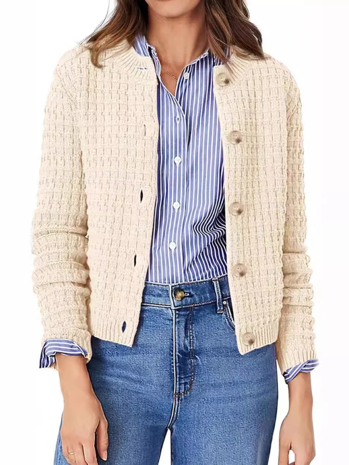 Button Up Round Neck Long Sleeve Cardigan - The Daily Makeover