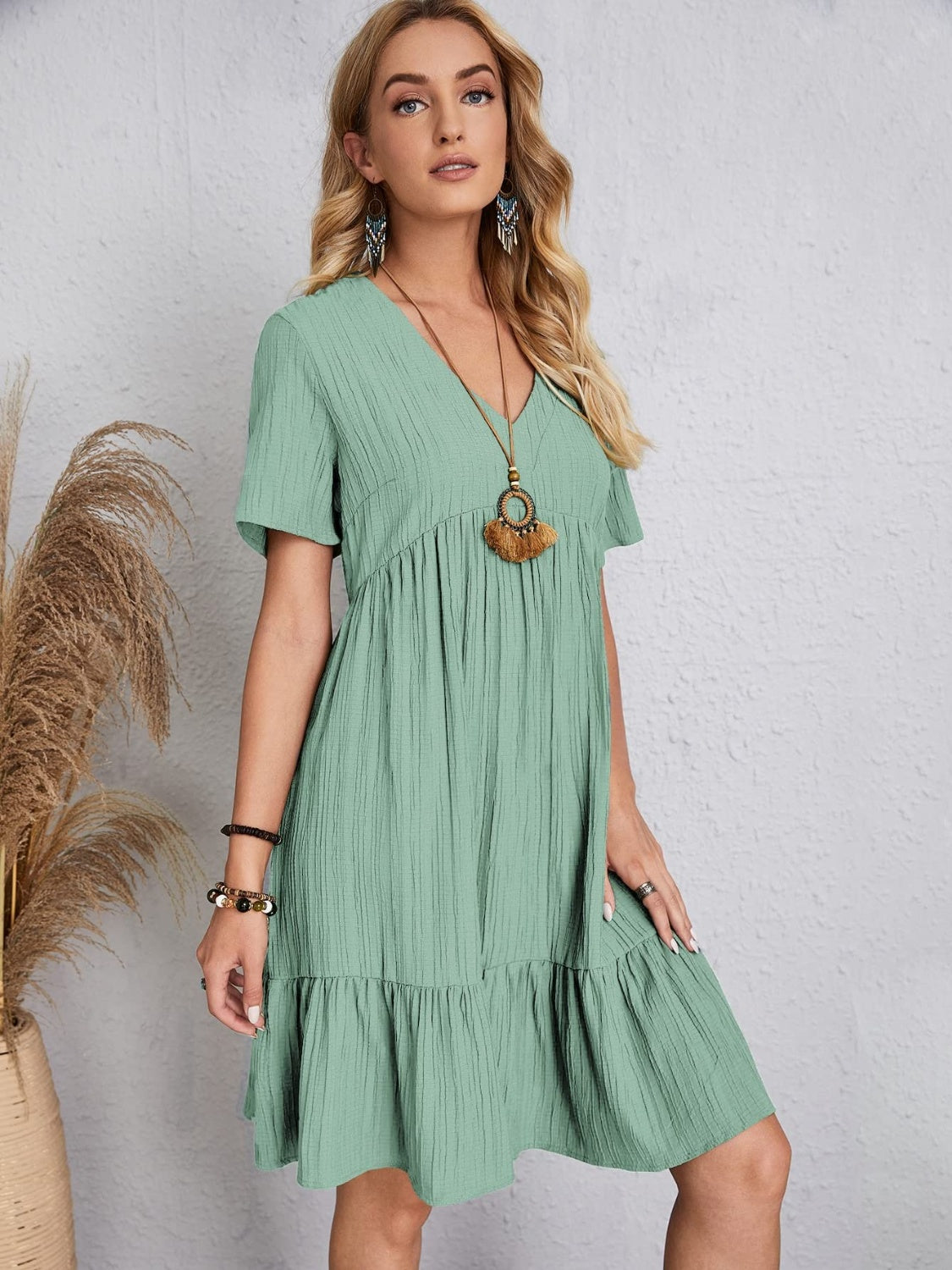 Full Size V-Neck Short Sleeve Dress - The Daily Makeover