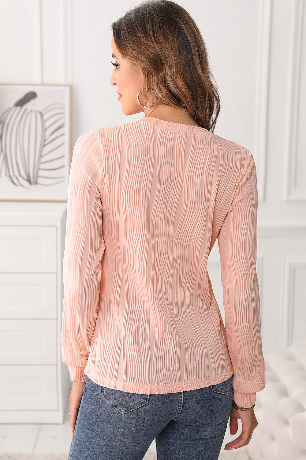 Textured Round Neck Long Sleeve Blouse - The Daily Makeover