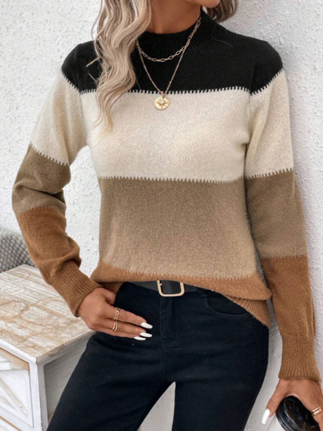 Color Block Mock Neck Long Sleeve Sweater - The Daily Makeover