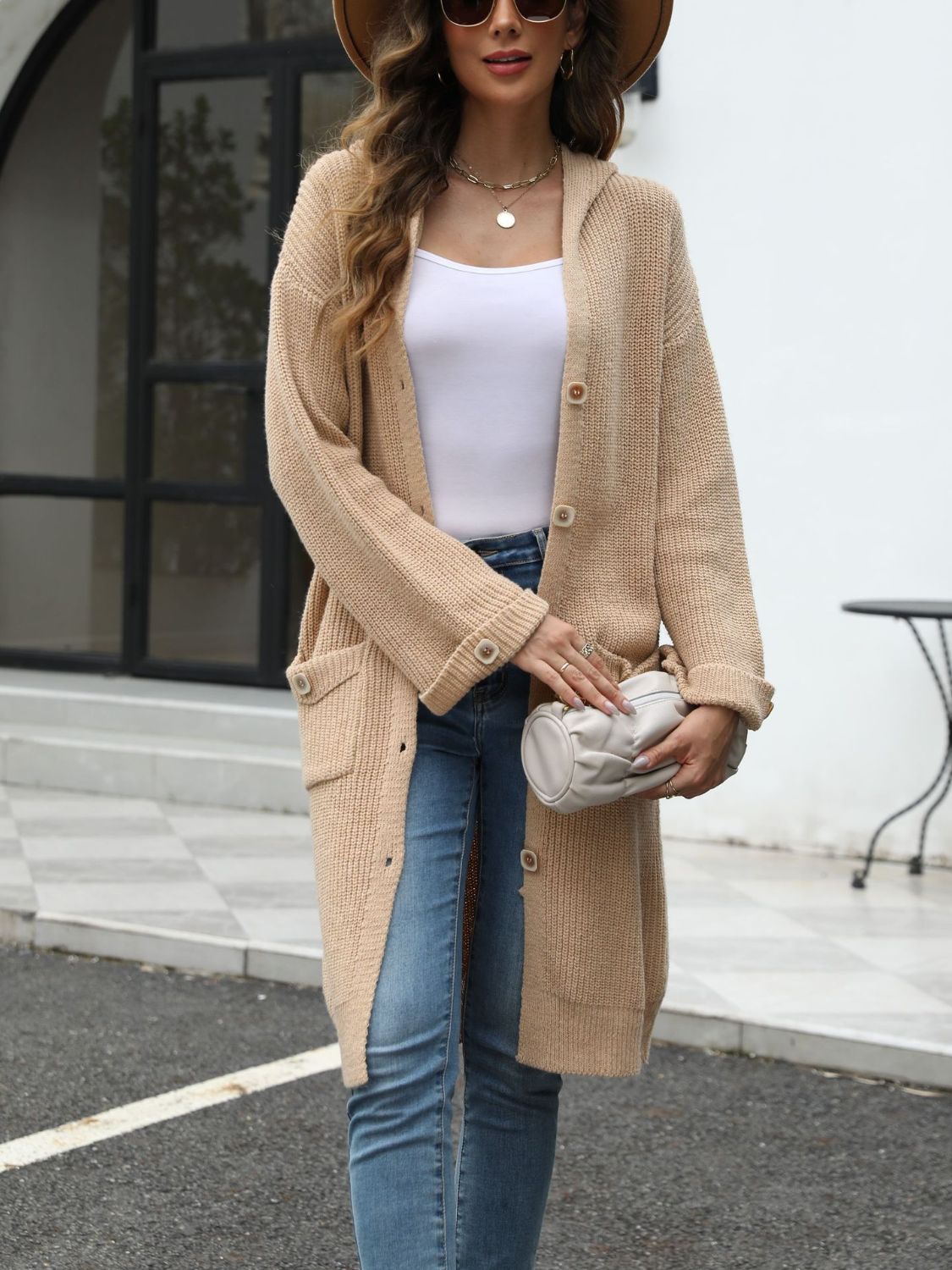 Pocketed Button Up Long Sleeve Hooded Cardigan - The Daily Makeover