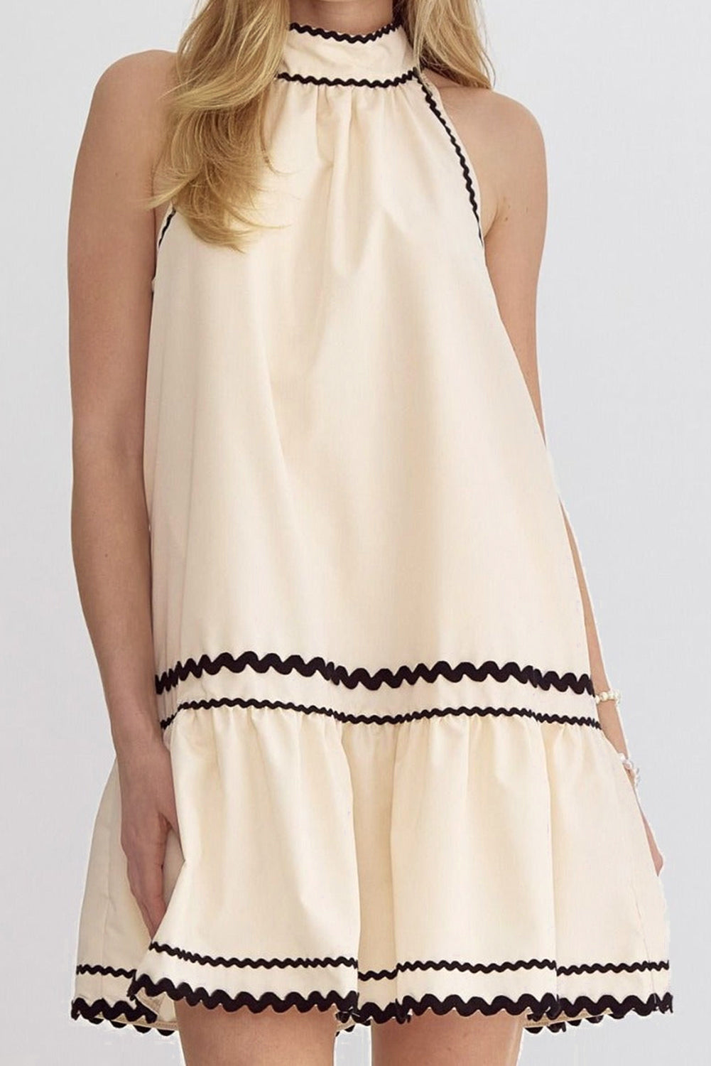 Khaki Striped Ricrac Sleeveless Mini Dress - The Daily Makeover