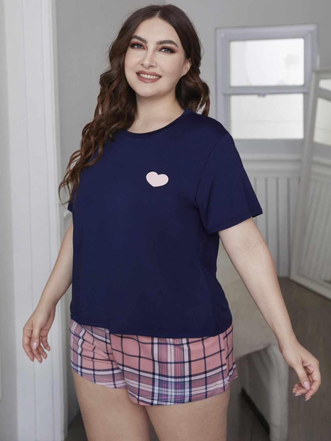 Plus Size Heart Graphic Top and Plaid Shorts Loungewear Set - The Daily Makeover
