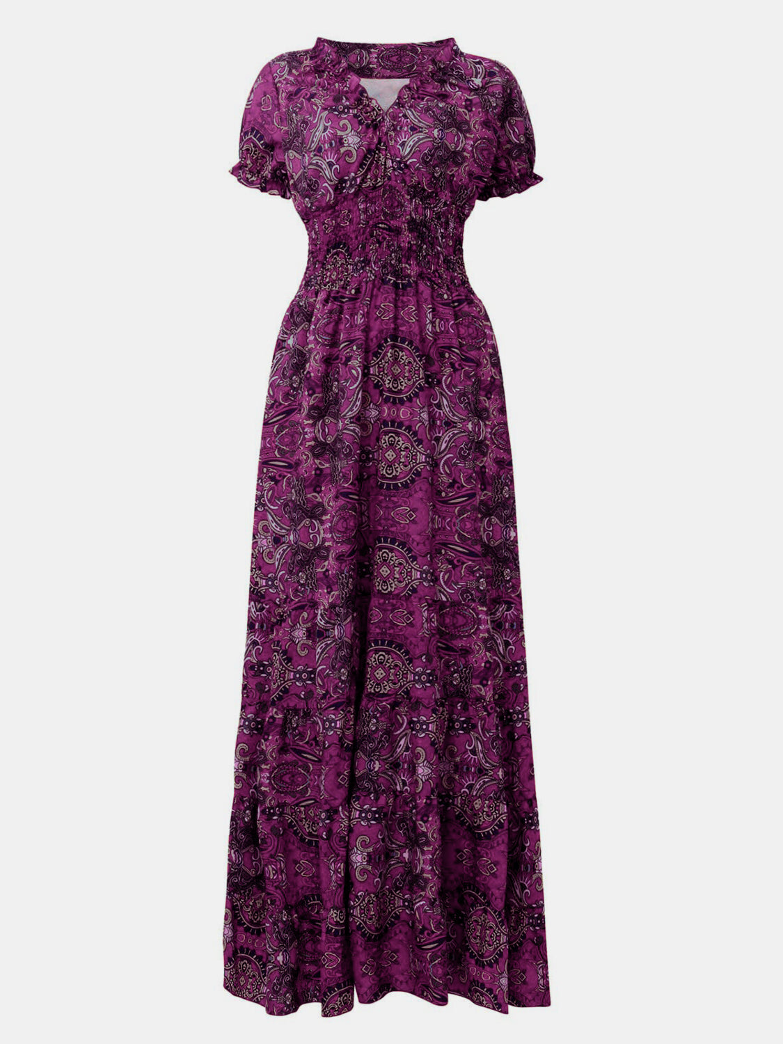 Full Size Smocked Printed V-Neck Short Sleeve Dress - The Daily Makeover