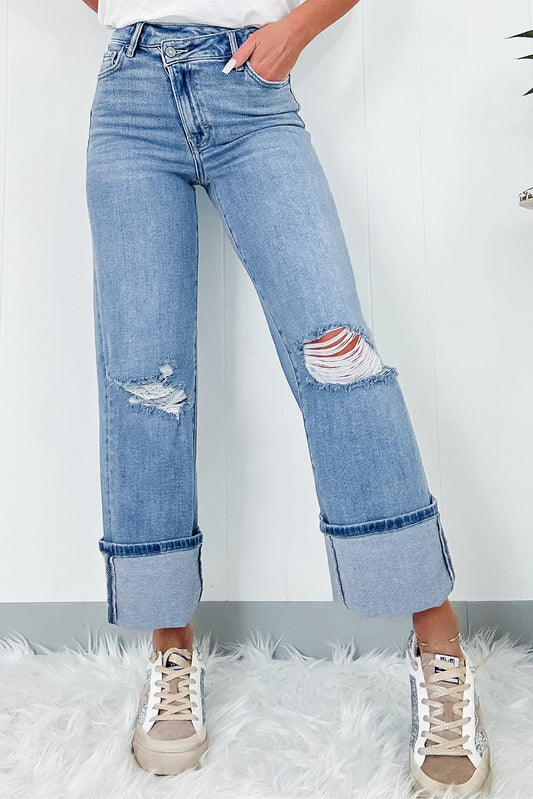 Dusk Blue High Rise Asymmetric Button Zip Fly Ripped Jeans - The Daily Makeover