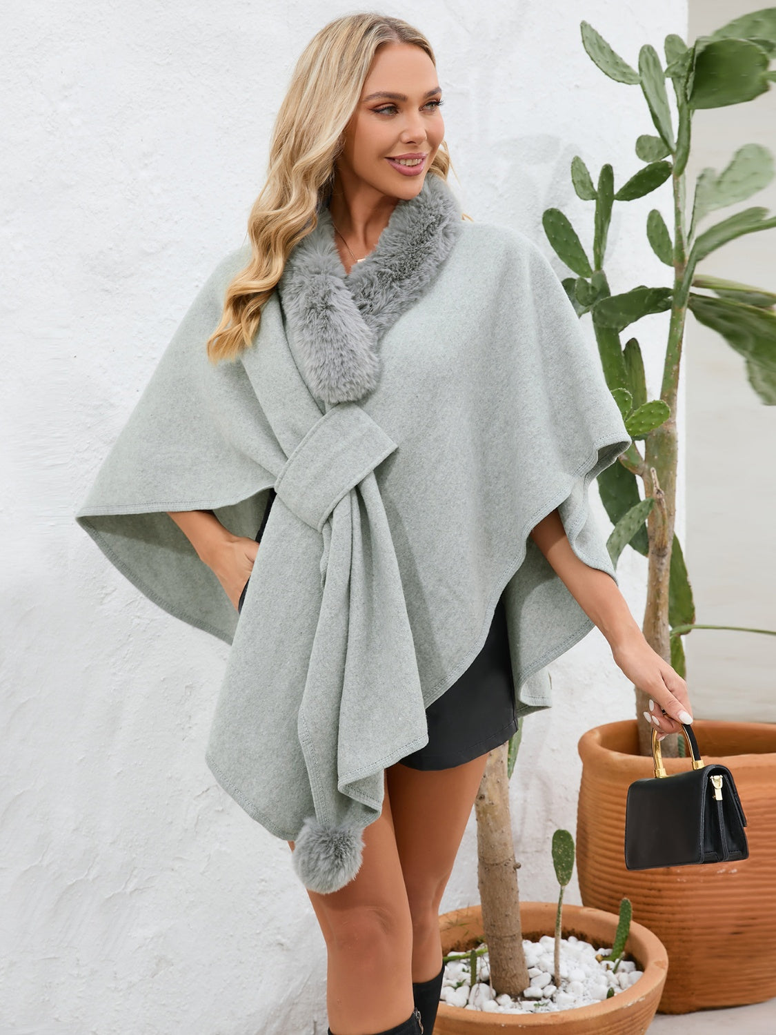 Fuzzy Trim Open Front Poncho - The Daily Makeover