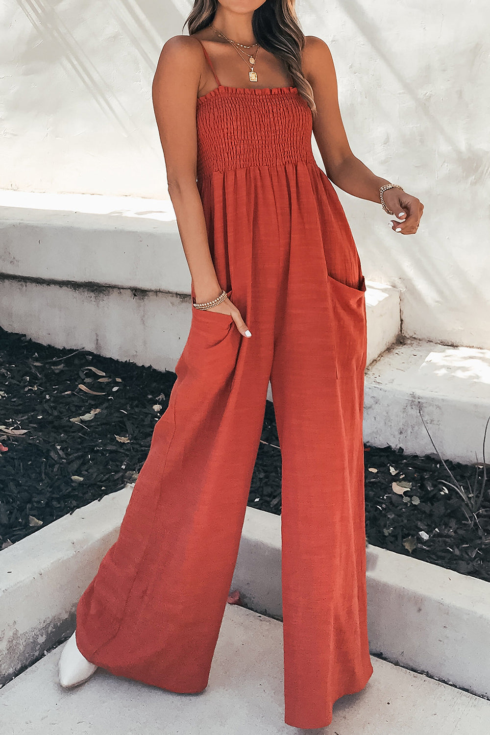 Smocked Spaghetti Strap Wide Leg Jumpsuit - The Daily Makeover