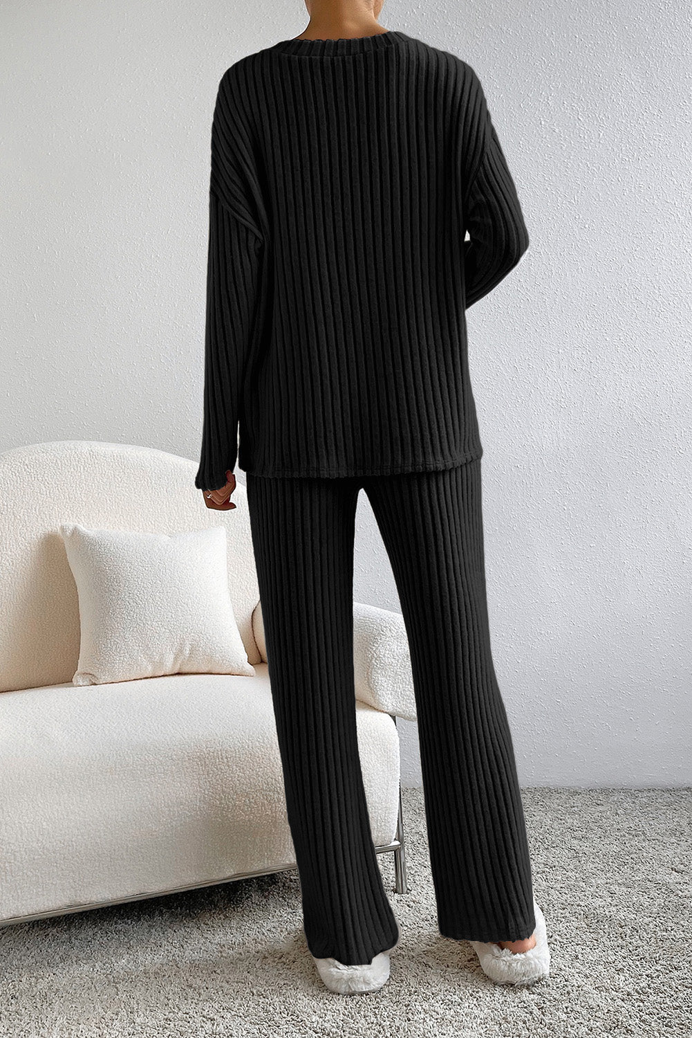 Ribbed V-Neck Top and Pants Lounge Set - The Daily Makeover