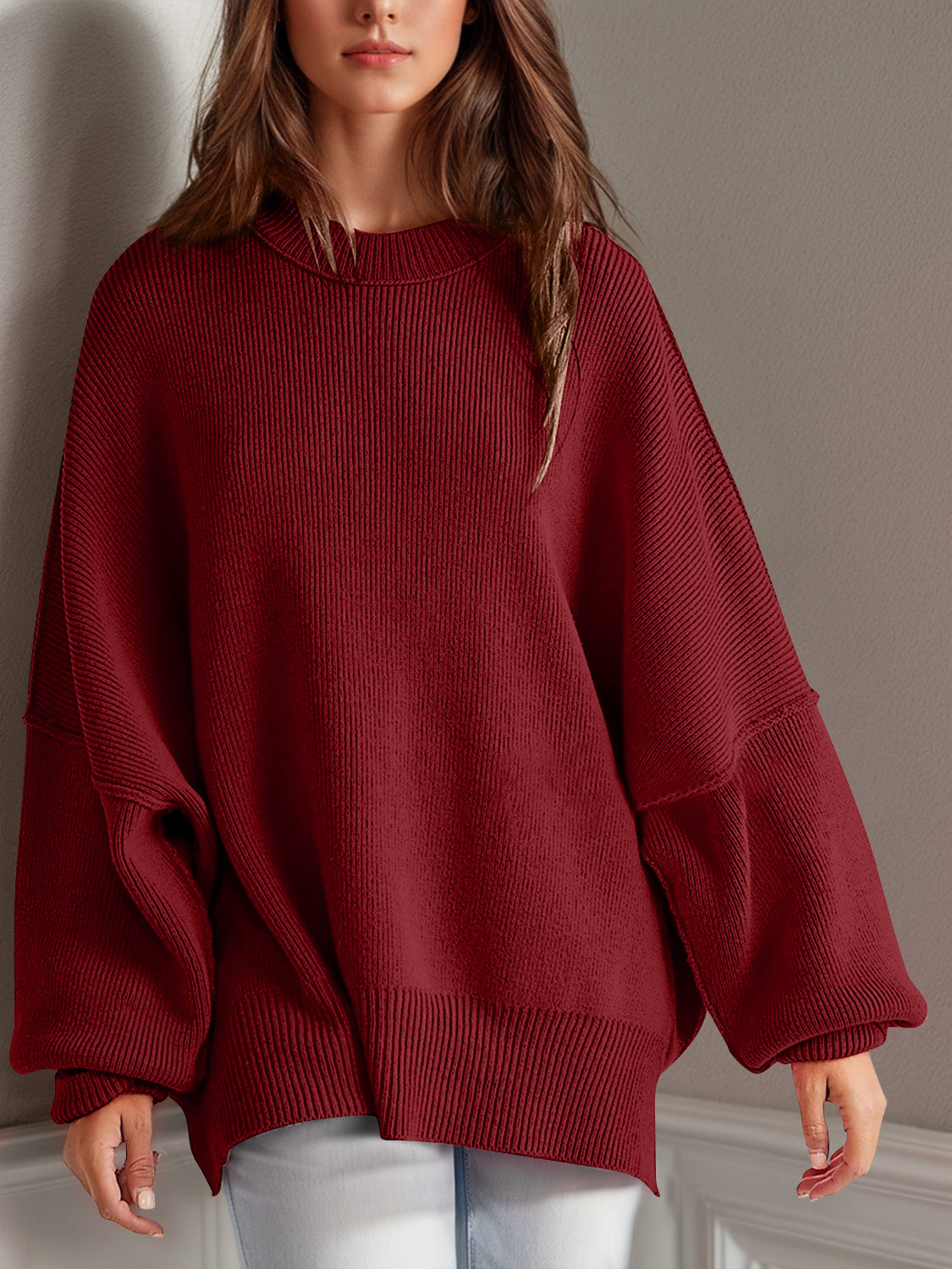 Double Take Side Slit Round Neck Long Sleeve Sweater - The Daily Makeover