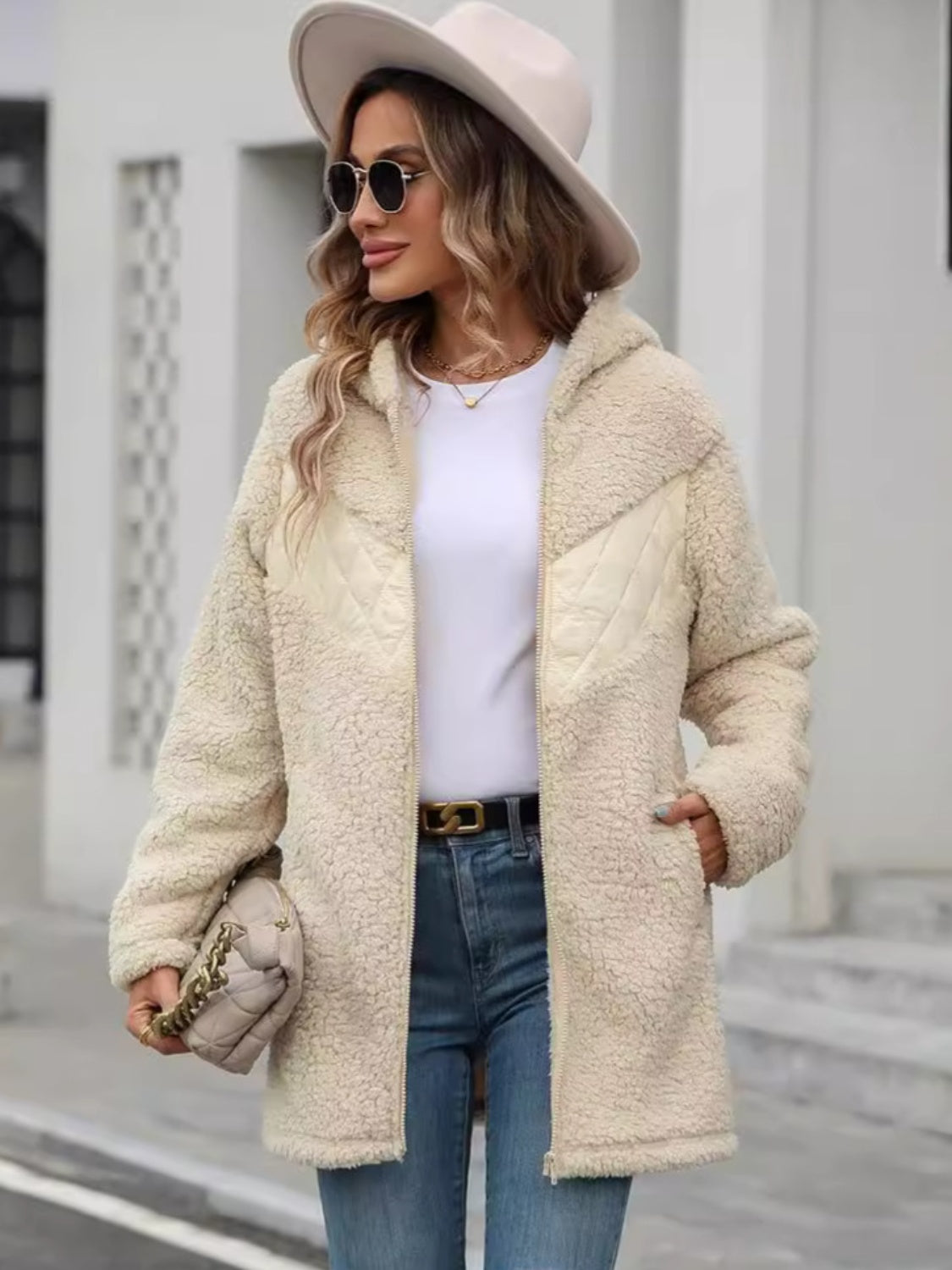 Fuzzy Zip Up Long Sleeve Hooded Jacket - The Daily Makeover