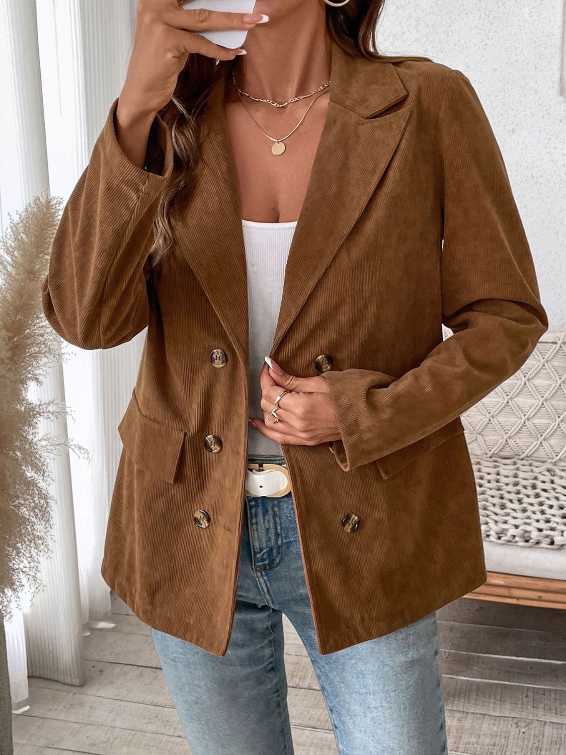 Perfee Decorative Pocket Flap Lapel Collar Long Sleeve Outerwear - The Daily Makeover