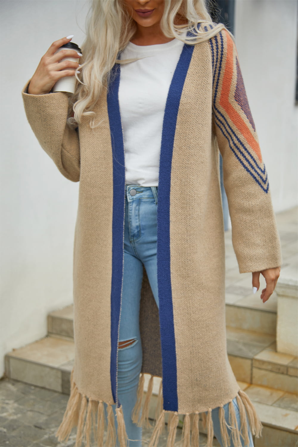 Angel Wings Geometric Fringe Hem Open Front Duster Cardigan - The Daily Makeover