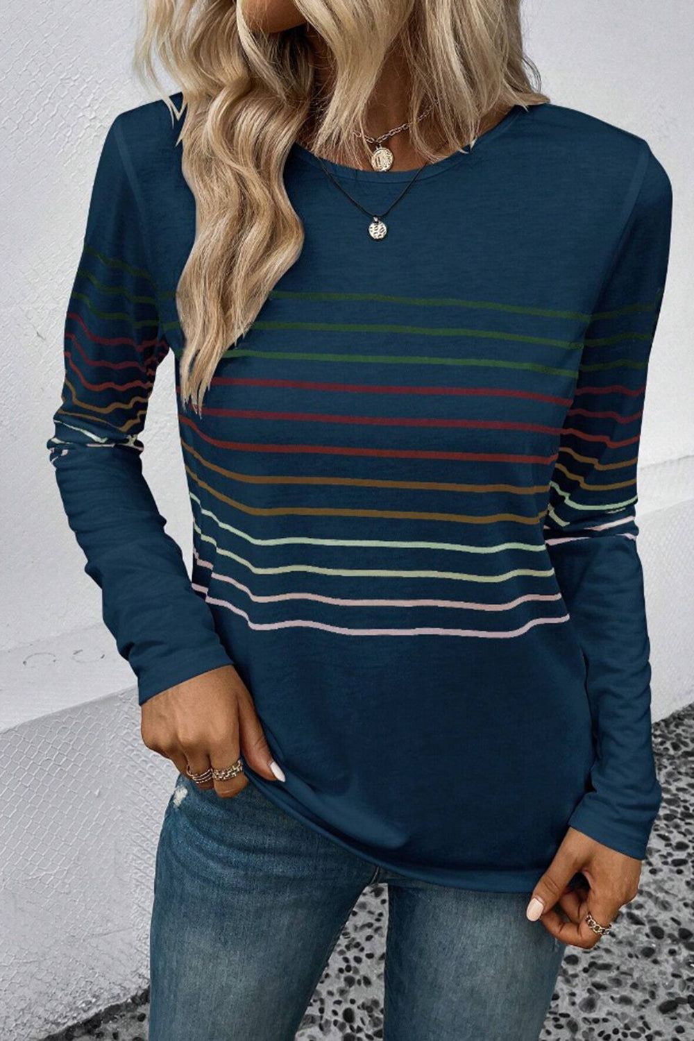 Striped Round Neck Long Sleeve T-Shirt - The Daily Makeover