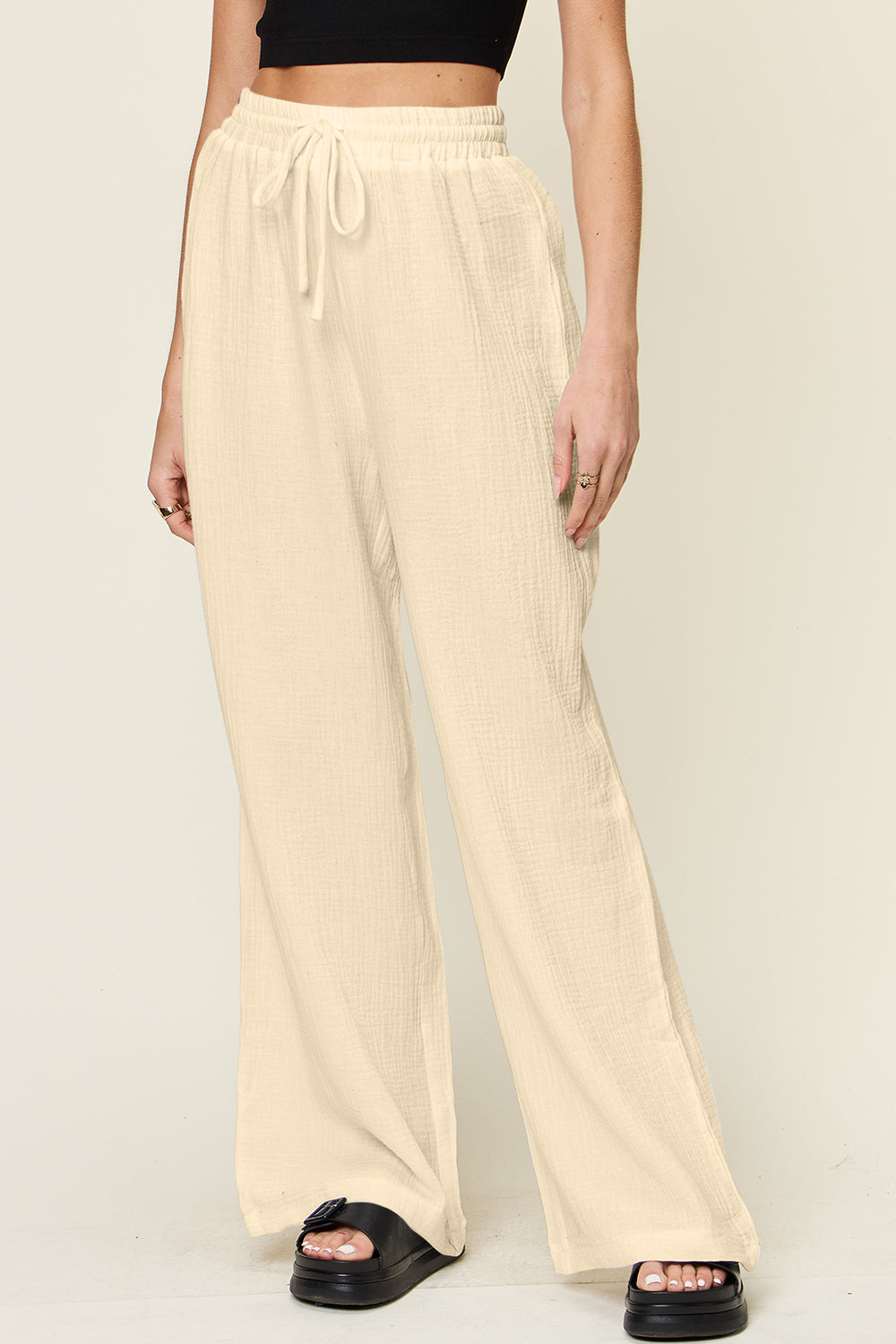 Double Take Full Size Texture Drawstring Wide Leg Pants - The Daily Makeover