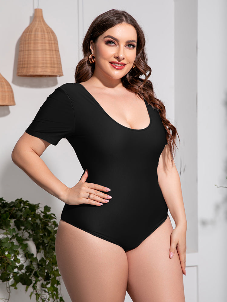 Plus Size Scoop Neck Short Sleeve One-Piece Swimsuit - The Daily Makeover