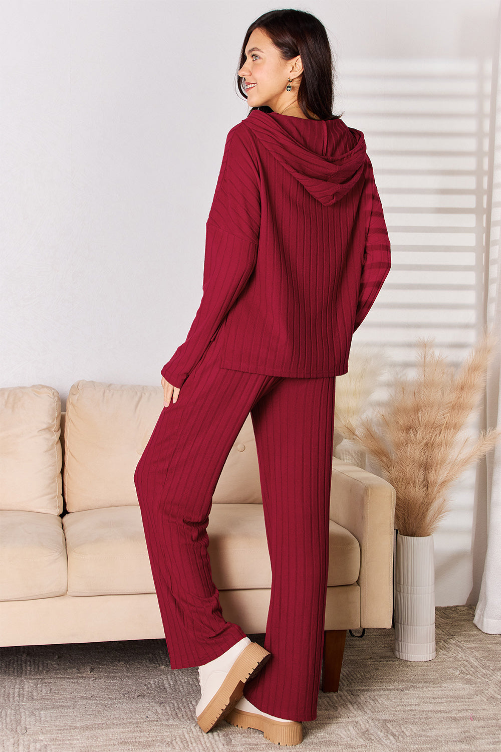 Basic Bae Full Size Ribbed Drawstring Hooded Top and Straight Pants Set - The Daily Makeover