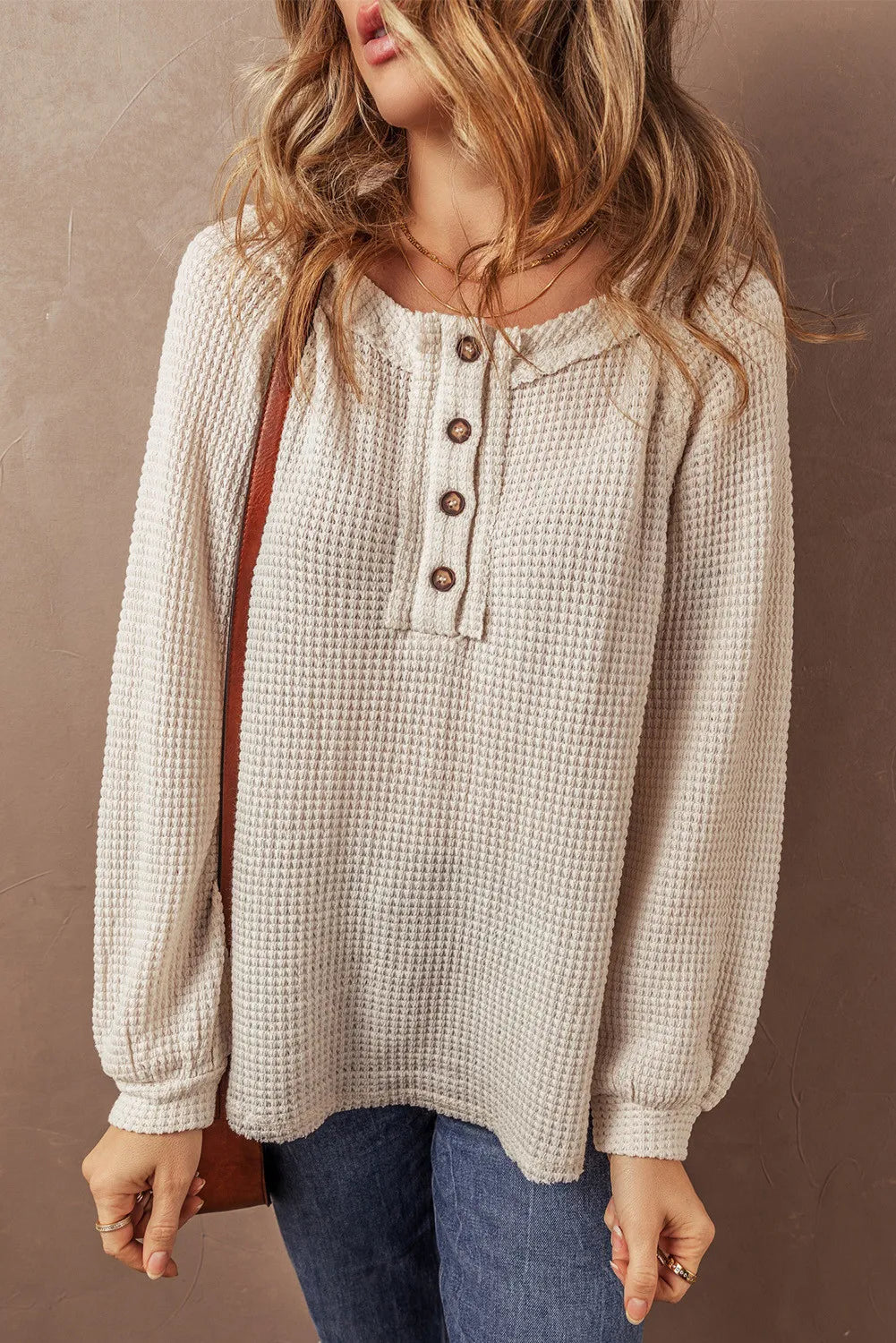 Waffle-Knit Half Button Round Neck Long Sleeve Top - The Daily Makeover