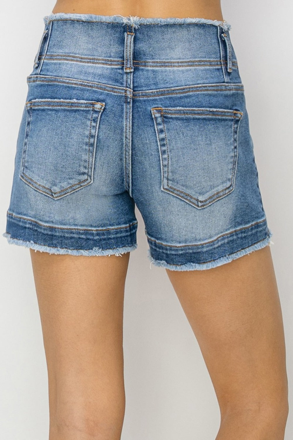 RISEN High Rise Seam Detailed Raw Edge Denim Shorts - The Daily Makeover