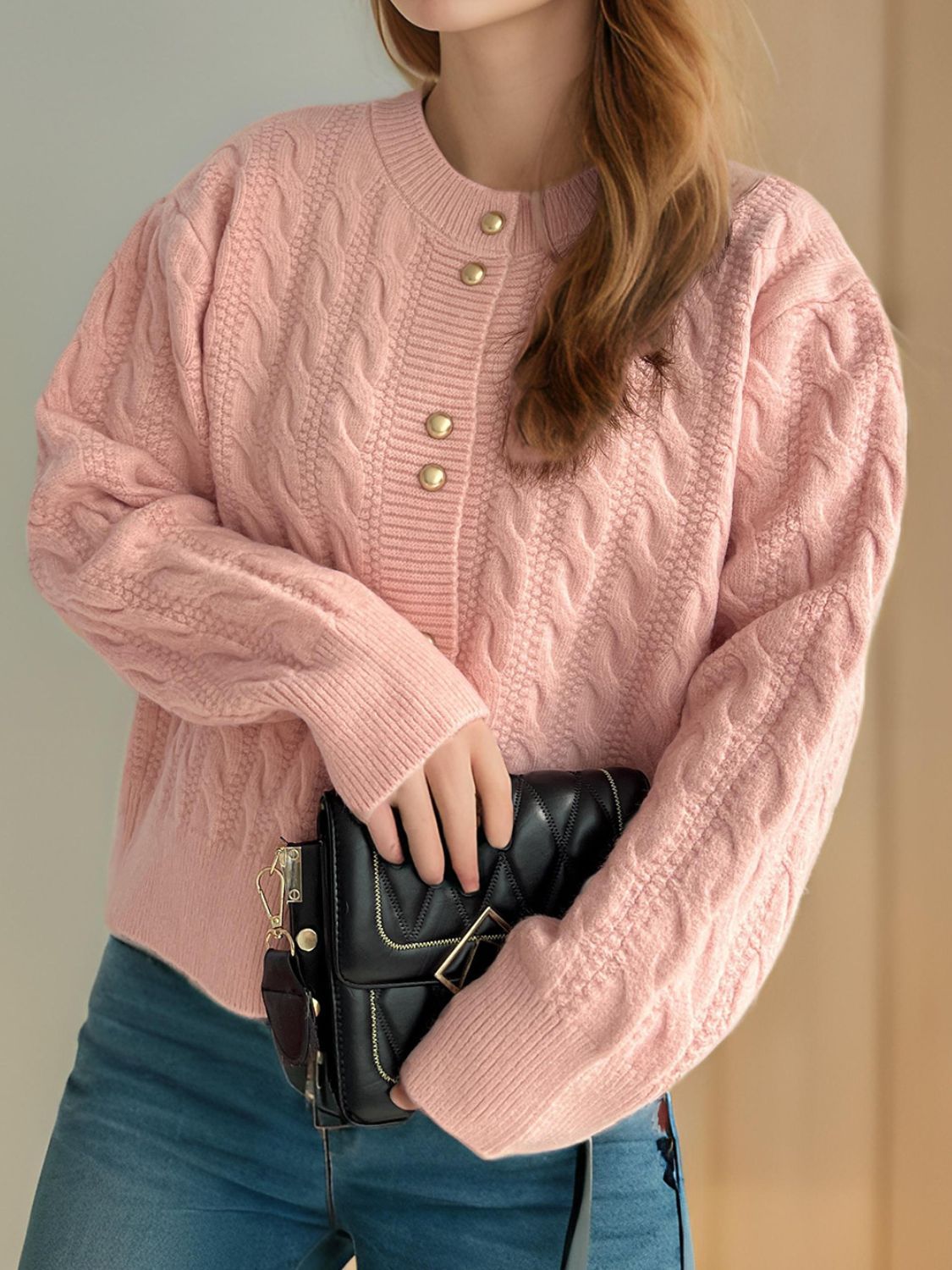 Cable-Knit Round Neck Long Sleeve Cardigan - The Daily Makeover