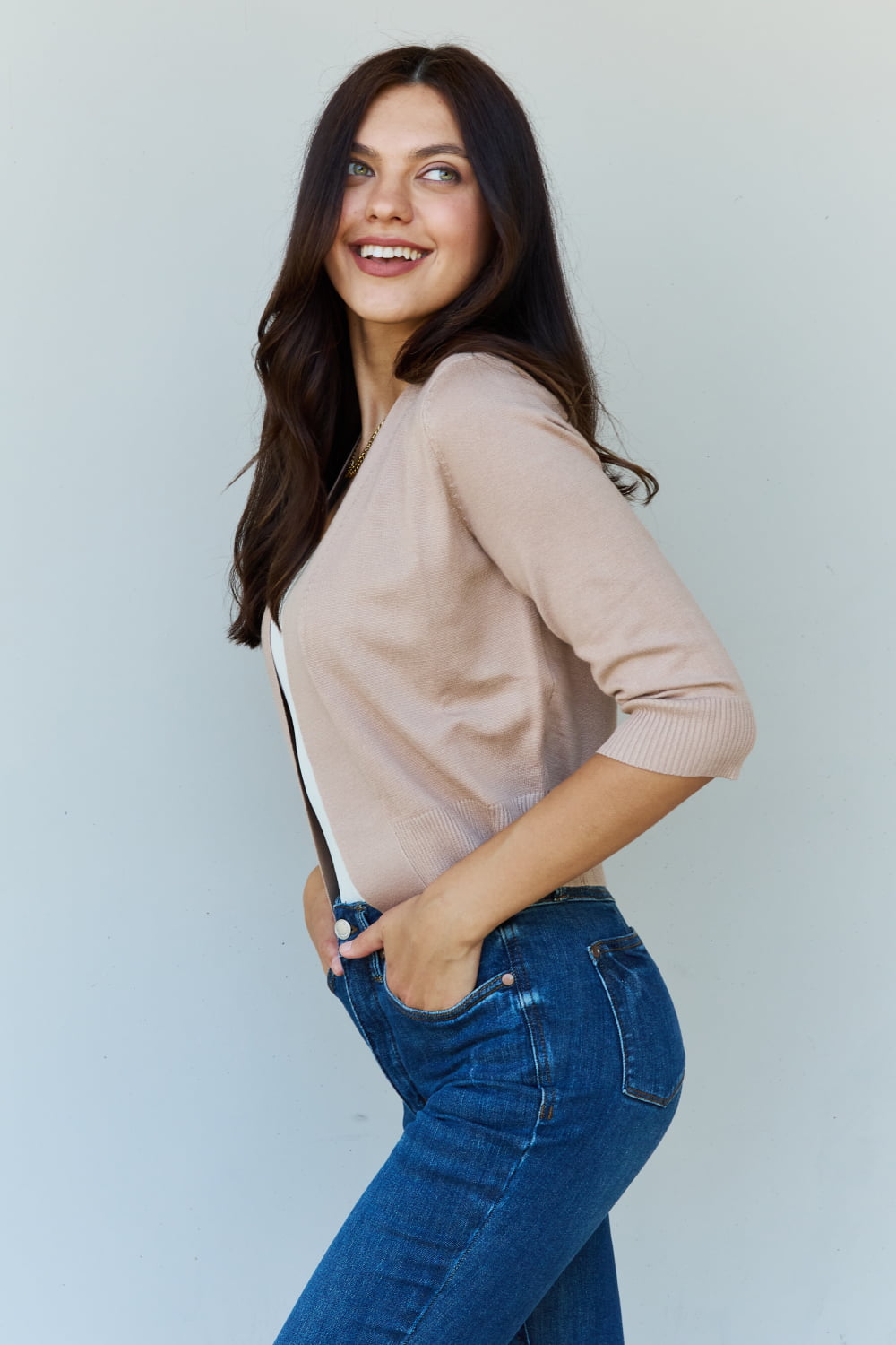 Doublju My Favorite Full Size 3/4 Sleeve Cropped Cardigan in Khaki - The Daily Makeover