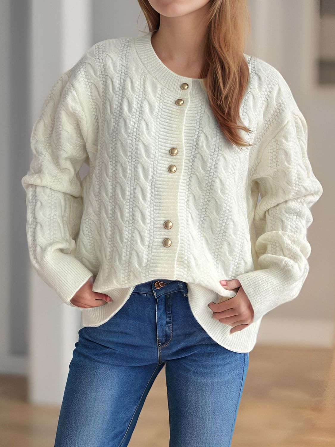 Cable-Knit Round Neck Long Sleeve Cardigan - The Daily Makeover