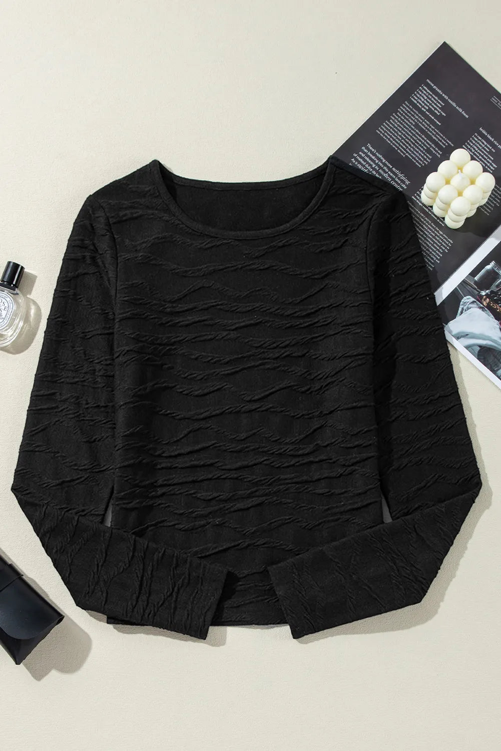 Textured Round Neck Long Sleeve Blouse - The Daily Makeover