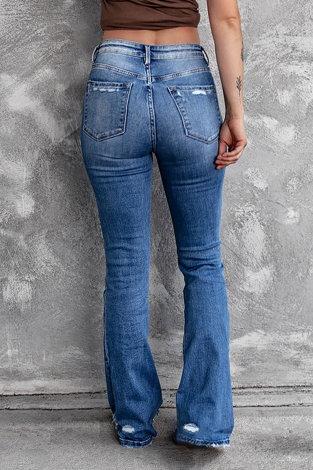Dark Blue Ripped Raw Hem High Waist Flare Jeans - The Daily Makeover