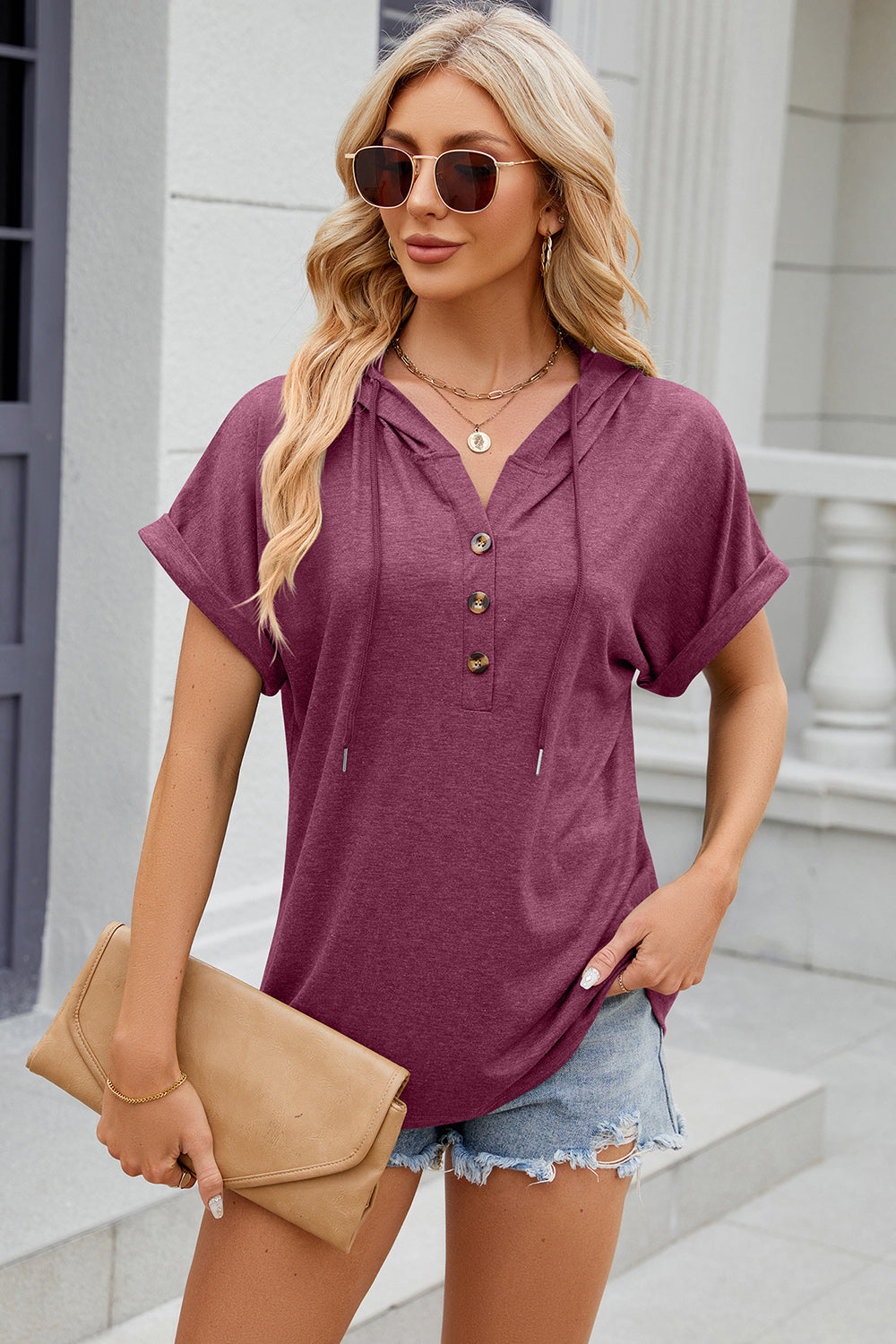 Half Button Drawstring Short Sleeve Hooded T-Shirt - The Daily Makeover