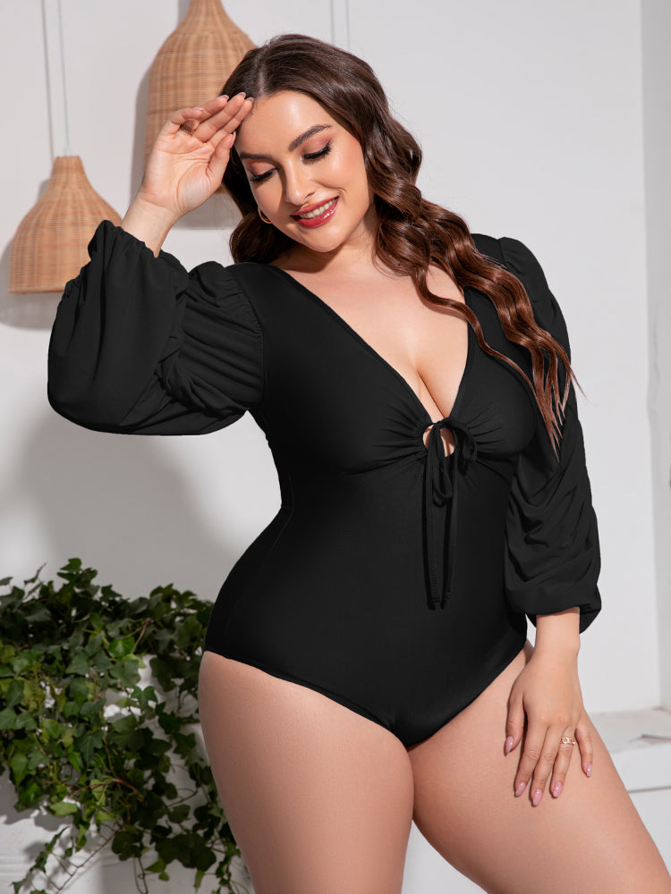Plus Size Tied Deep V Balloon Sleeve One-Piece Swimsuit - The Daily Makeover