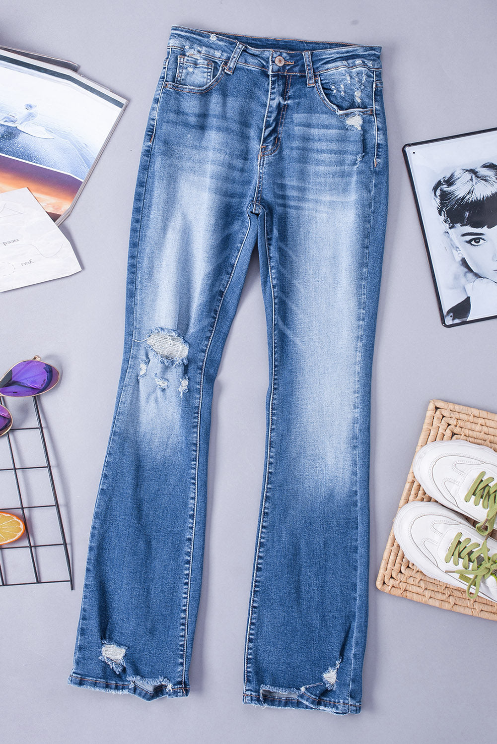 Dark Blue Ripped Raw Hem High Waist Flare Jeans - The Daily Makeover