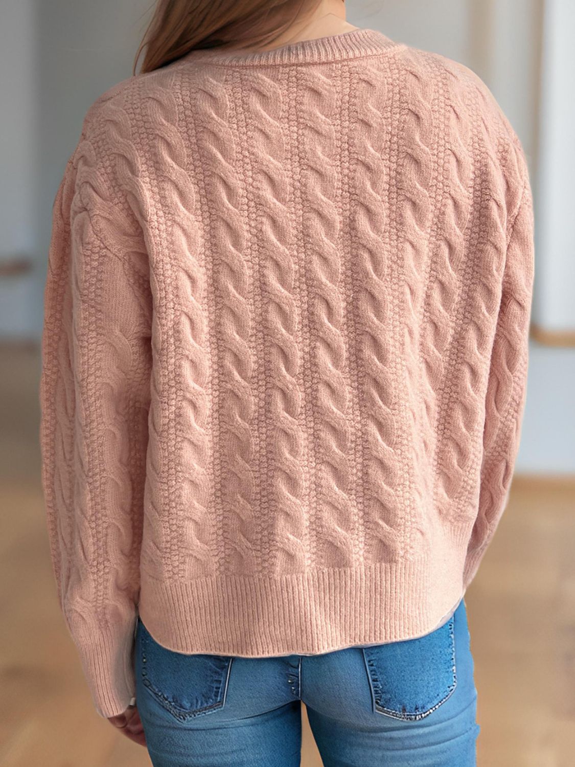 Cable-Knit Round Neck Long Sleeve Cardigan - The Daily Makeover