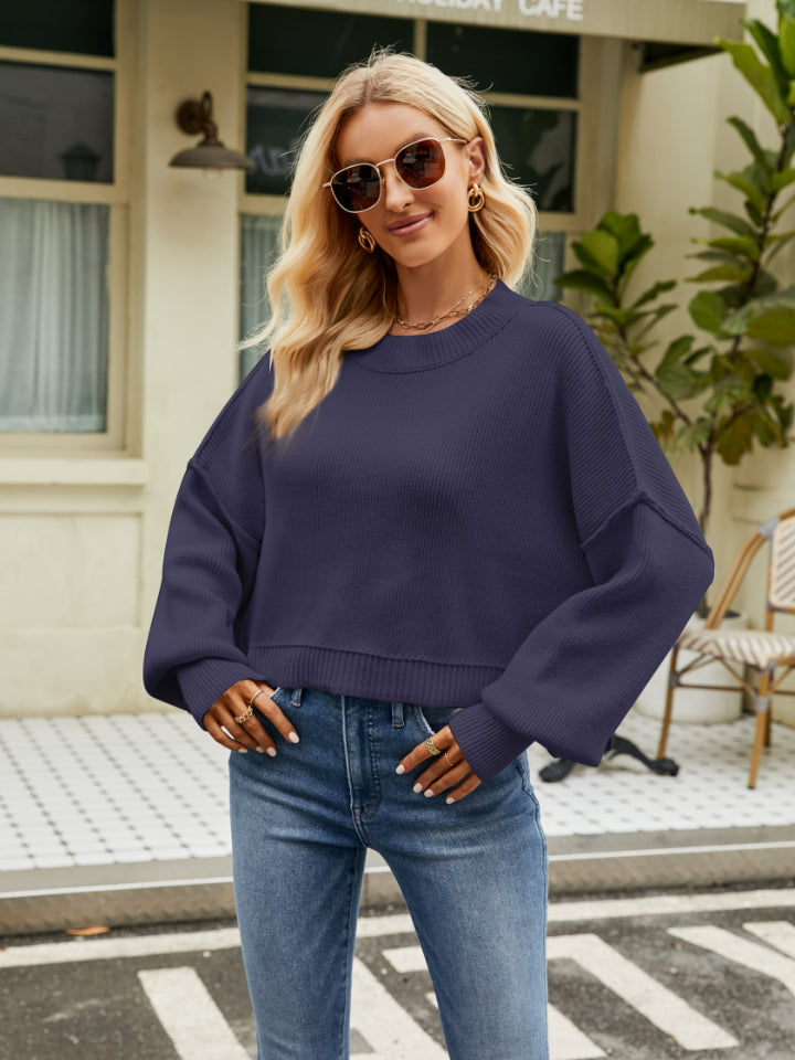 Round Neck Lantern Sleeve Sweater - The Daily Makeover