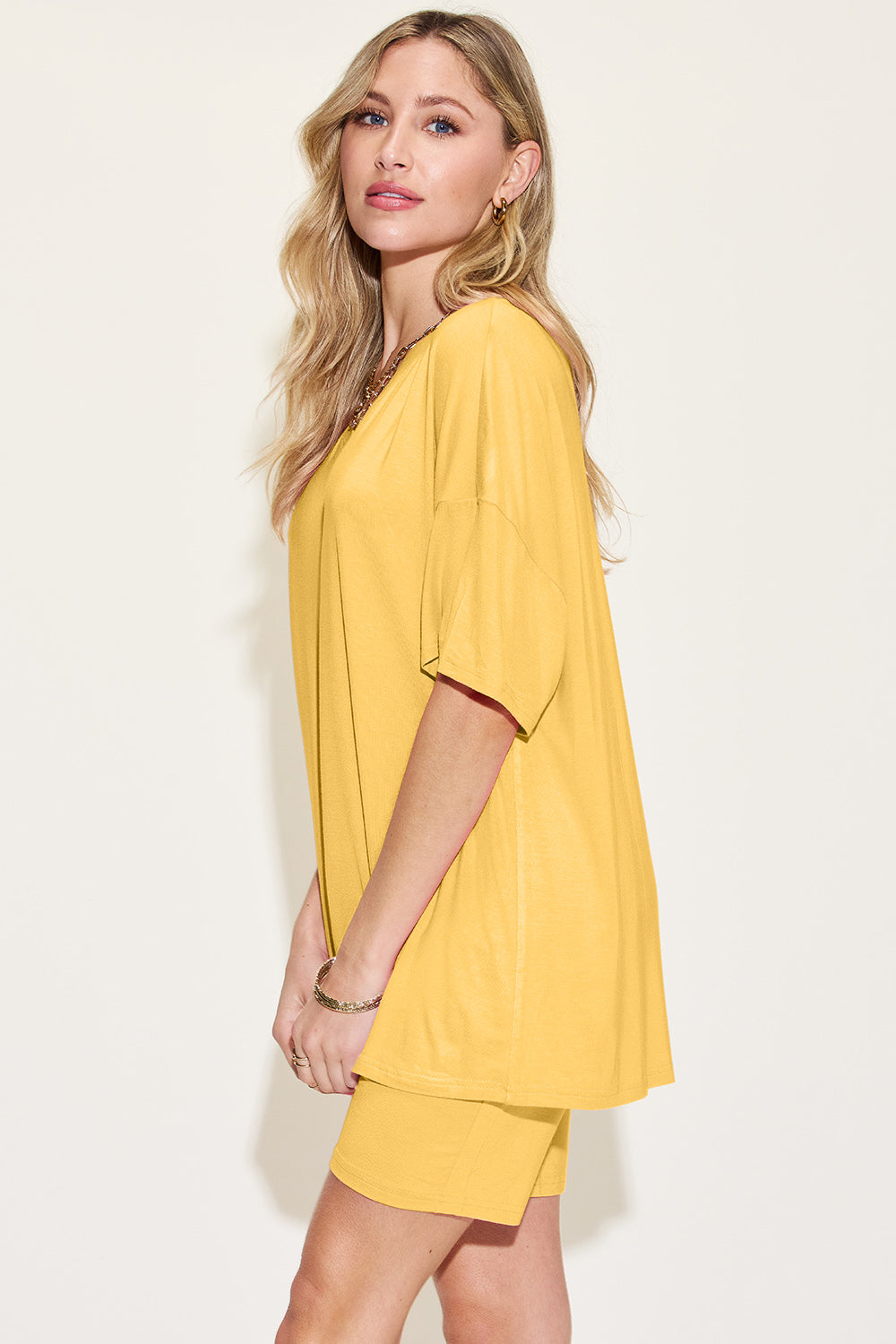 Bamboo Full Size V-Neck Drop Shoulder T-Shirt and Shorts Set - The Daily Makeover